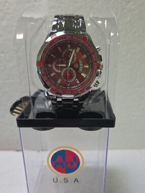 AJ Red Dial Silver Bracelet Chronograph Watch